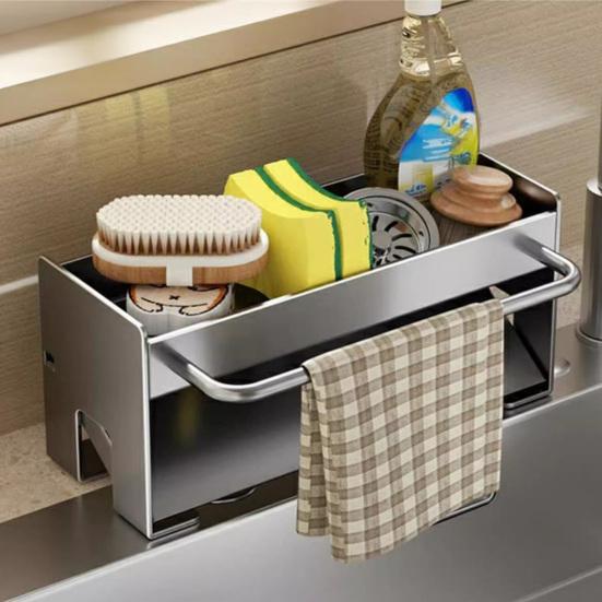 Draining Rack Kitchen Sink Organizer Anti-Rust Carbon Steel Structure Self-Draining Design Towel Rack Sponges Soap Detergent Bottle Holder