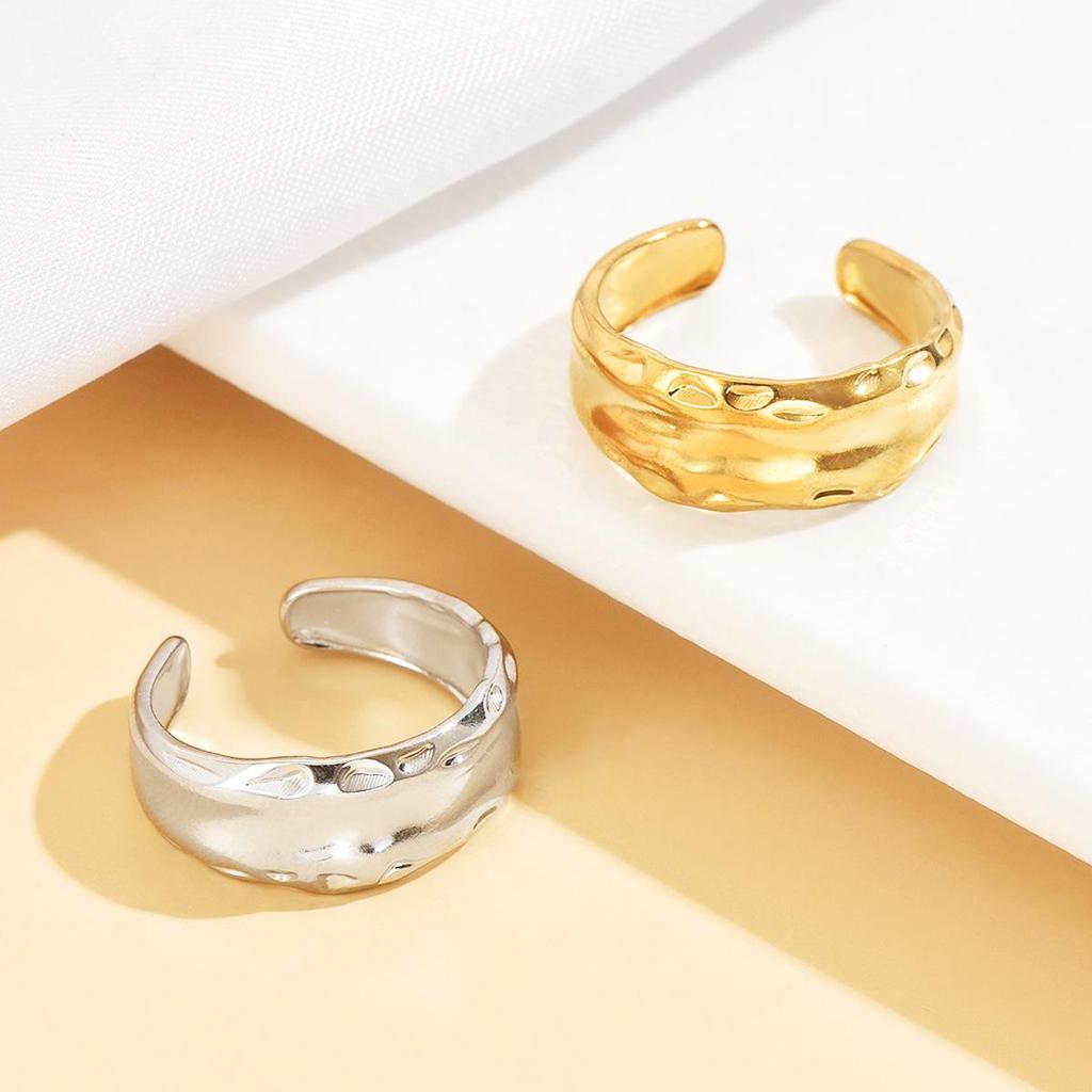Ins Cold Style Irregular Texture Open Ring - Retro Old Money Style Wide Stainless Steel Finger Ring