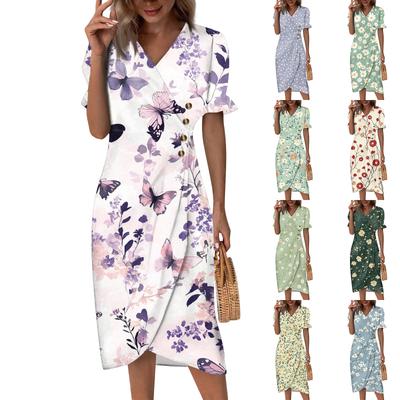 Sukienki plażowe dla kobiet Wiosna lato Elegancka, kopertowa sukienka z dekoltem w kształcie litery V, kwiecista sukienka Boho, zwiewna, marszczona, hawajska sukienka maxi