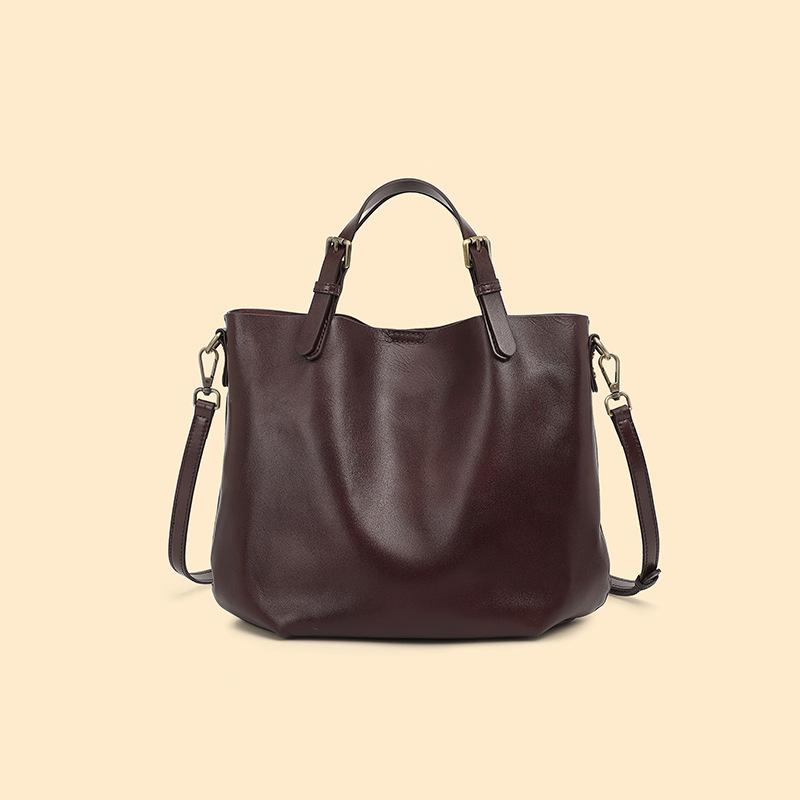 The First Layer Of Cowhide Is Simple And Large-Capacity Commuter Tote Bag, Versatile And Advanced Sense, Portable Single Shoulder Crossbody Bucket Bag