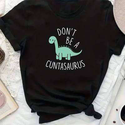 Casual T-shirt Women's Plus Cute Dinosaur & Slogan Print Short Sleeve Round Neck Slight Stretch Tee