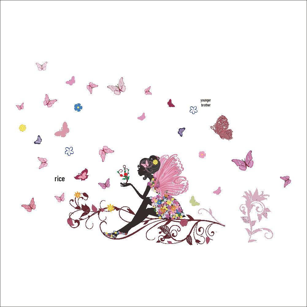 Flower Fairy & Butterflies Removable Wall Sticker for Bedroom/Living Room Decor