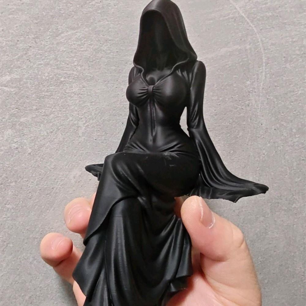 3D Printed Sitting Pose Lady Sculpture Gothic Style Hooded Woman Statue Home Decor