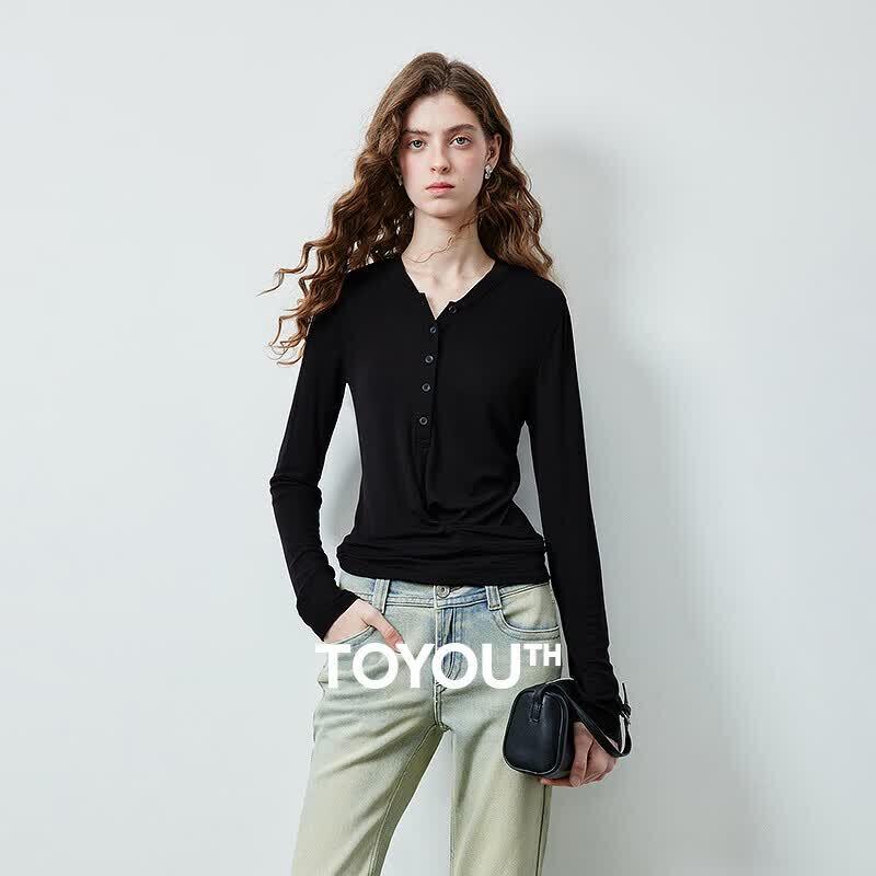 Chuyu Women s Tencel Wool Blend Long Sleeve Tie-Waist T-shirt L