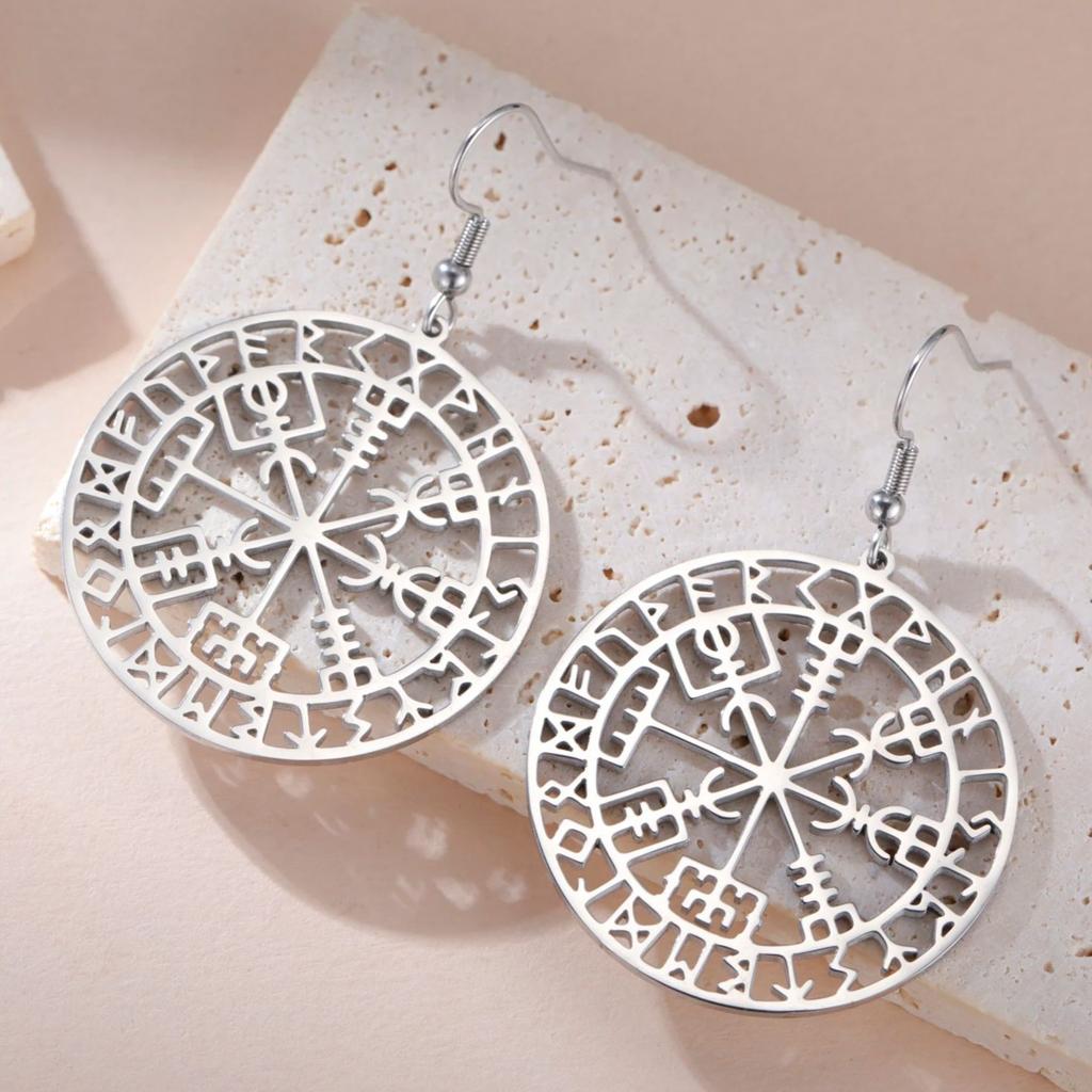 Vegvisir Viking Compass Dangle Earrings for Women Stainless Steel Barbarian Gladiator Pagan Odin Norse Runes Jewelry