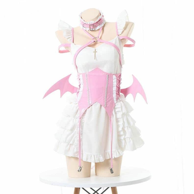 SUNNYSTEP Devil Succubus Cosplay Costume Set with Winged Waist Belt, Adjustable Garters, Padded Dress – Pink, XL