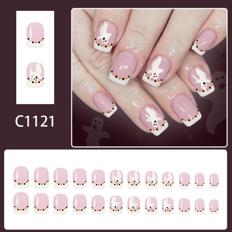 Halloween Press On Nail White French Manicure With Glittering And Bat Patterns 24 Reusable Faux Nail