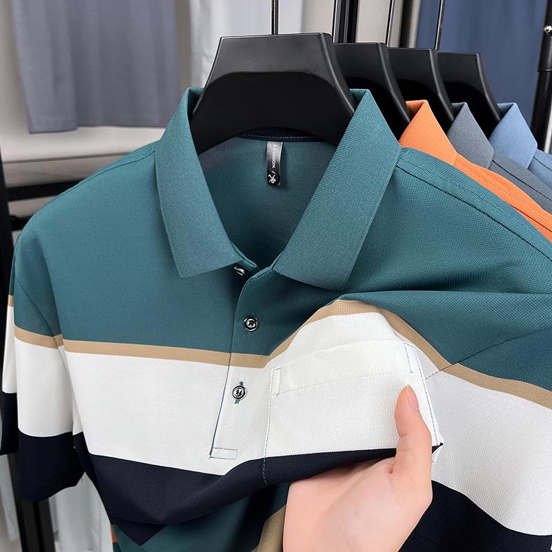 Pure Cotton Wide Stripe Color Blocked Short Sleeve Polo Shirt Fashion Men Comfortable Pocket Summer Breathable New T-shirt