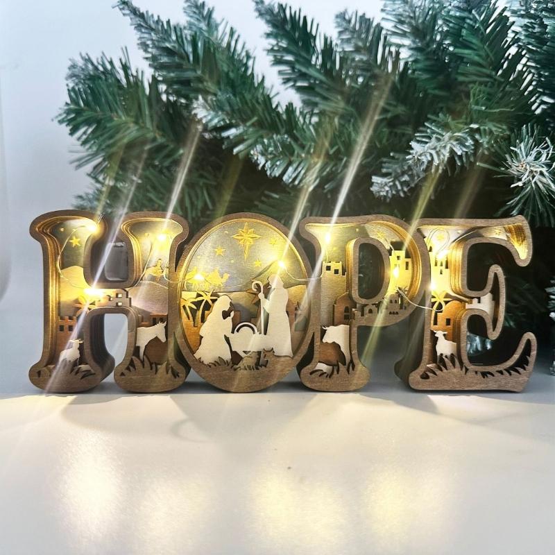 Handcrafted HOPE Letter Wooden Table Sign with Nativity Scene Carved Ornament Home Decors Safe Nontoxic Decoration