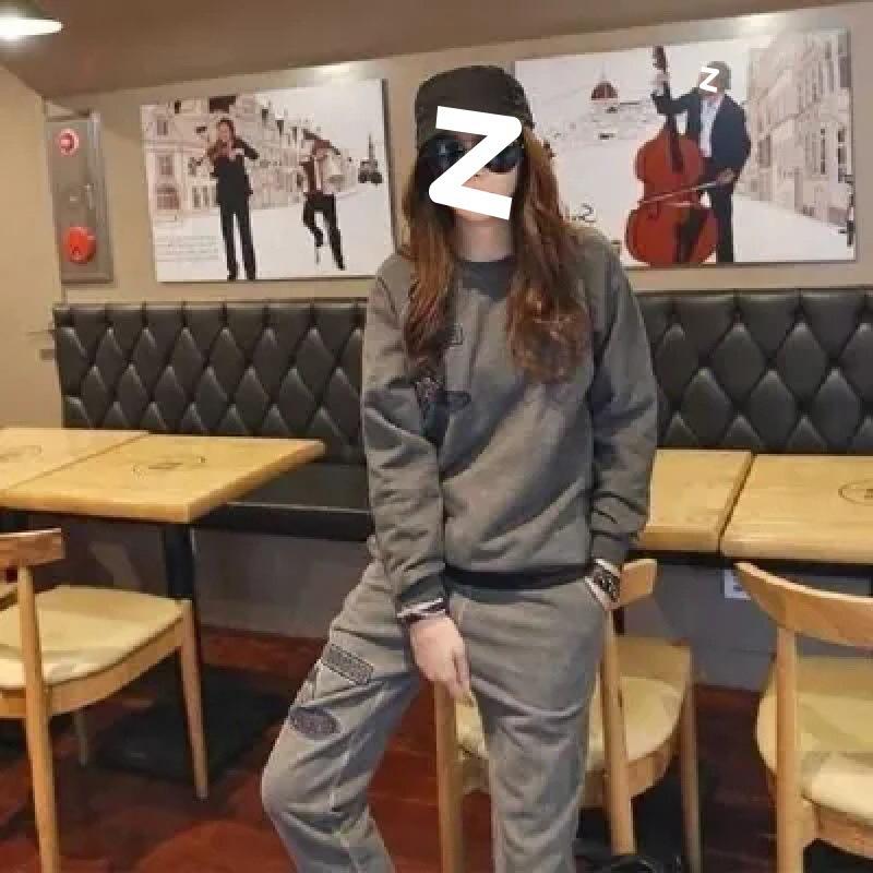 Casual Sweatshirt Suit for Women in Autumn and Winter, Thickened Loose Top, Velvet Sports Two-piece Set, Korean Style Fashion