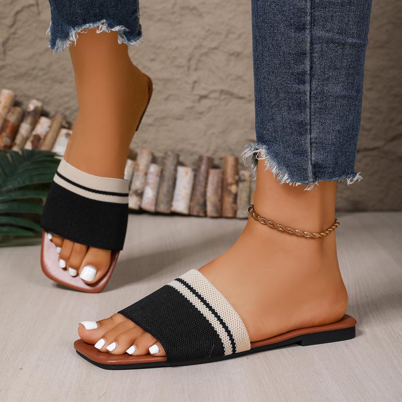 Fashion Breathable Mix Color Mesh Strap Slides Women Summer Elegant Square Toe Low Heel Office Sandals Fashion Non Slip Beach Slippers