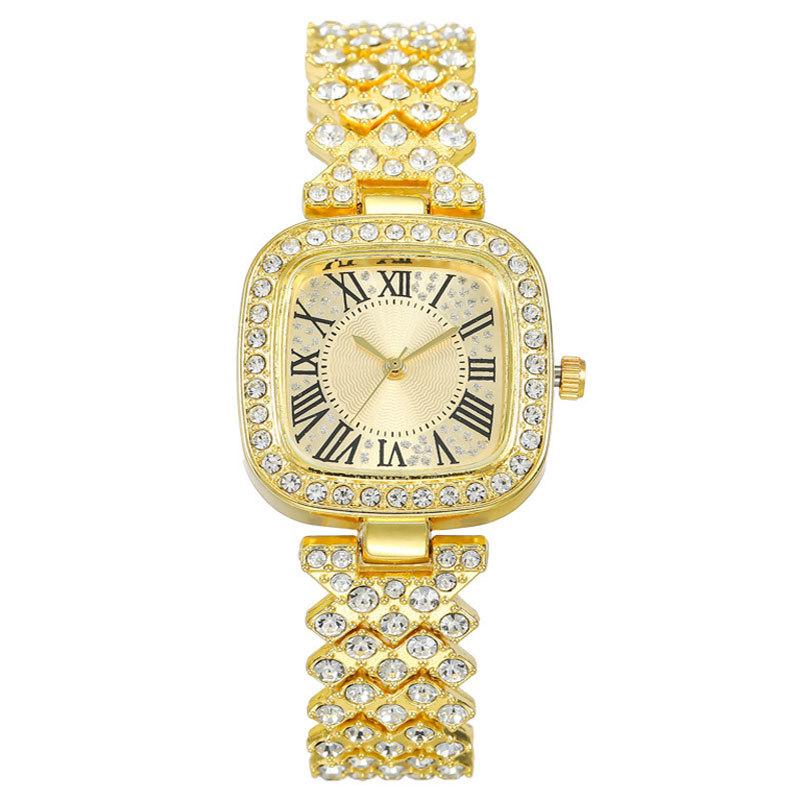 Fashion Watch Full Diamond Steel Belt Diamond Women S 2-Piece Set Watch Roman Rhinestone Bracelet Women S Watch золотой