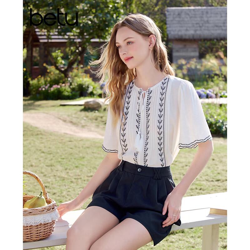 Betu Women's Embroidered Floral Short Sleeve Blouse