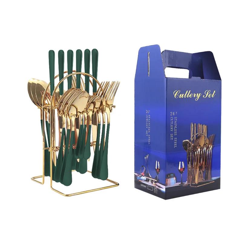 24pcs Luxury Dinnerware Sets with Holder Stainless Steel Fork Spoon Knife Business Gift Box Cutlery Rack Home Flatware Tableware