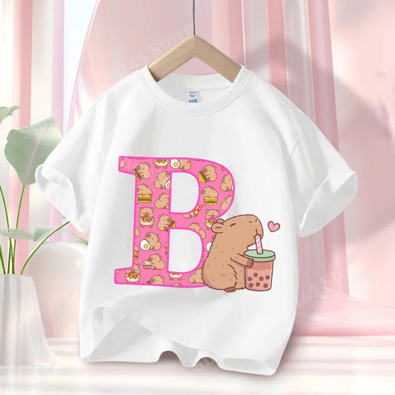 Capibara Cute T-shirt Kids Anime Capybara Letter A-Z Tees Girls Summer Short Sleeve Cotton Tops Children Clothes Gift Hot Sales