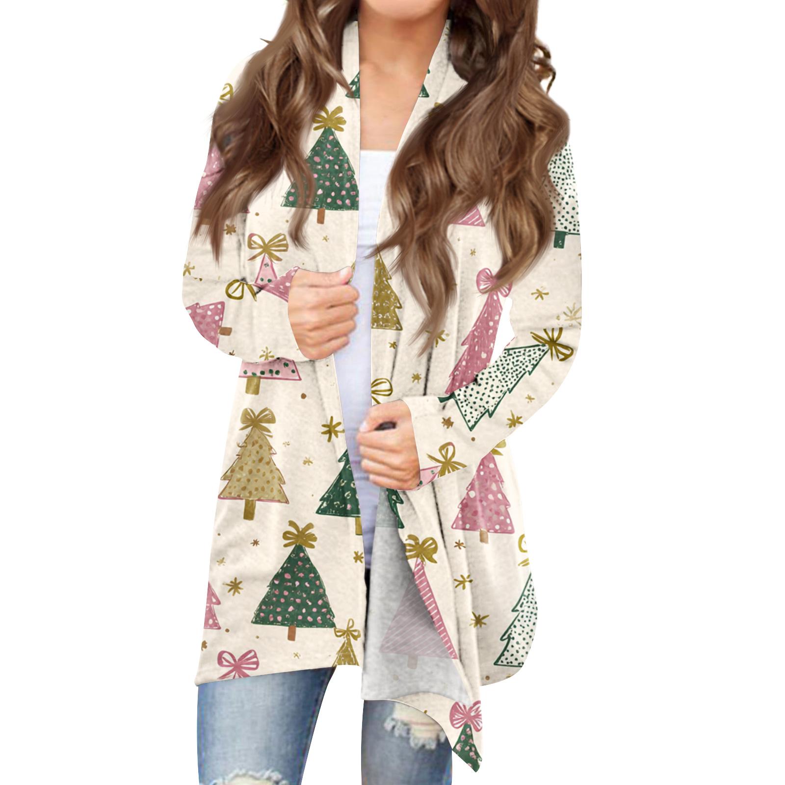 

Women s Fashionable Loose-Fit Casual Cardigan With Christmas Print Mid-Length Coat L бежевый