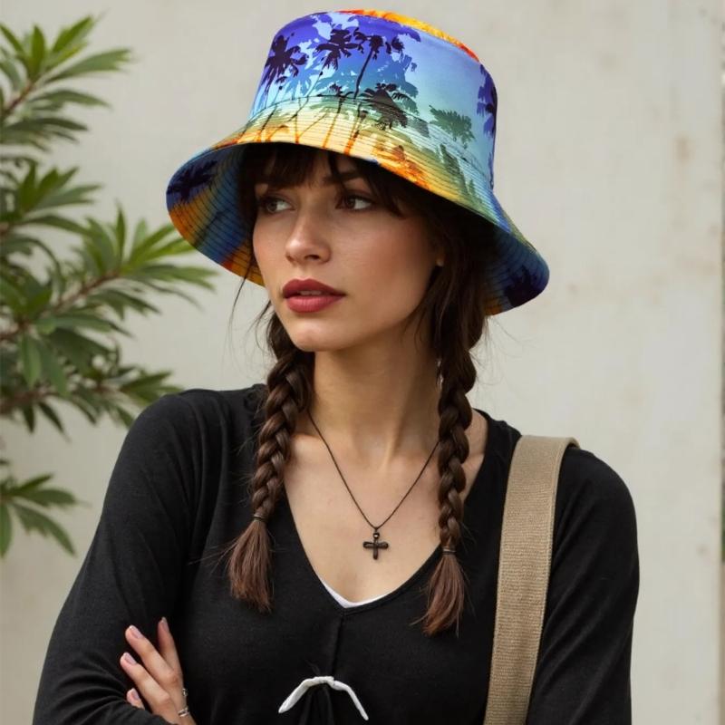 Soft Breathable Bucket Hat Sun Protective Caps with Tropical Scenery Print for Outdoor Activity and Travel Beach Vacation