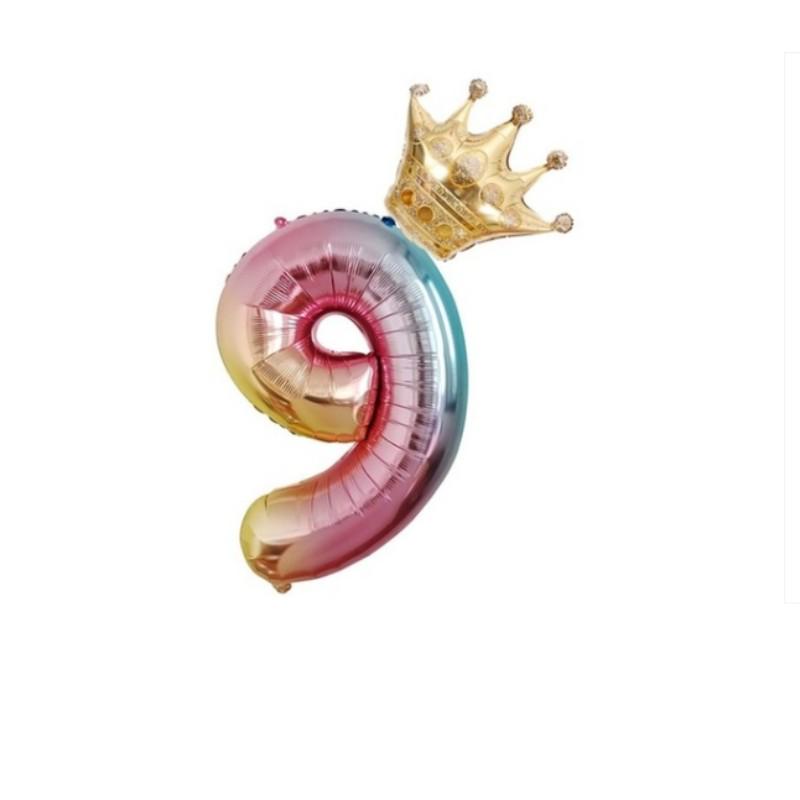 

32-дюймова алюмінієва фольга, градієнт, 12-дюймова повітряна куля з короною, прикраса для святкування дня народження, веселкова цифрова повітряна куля 9