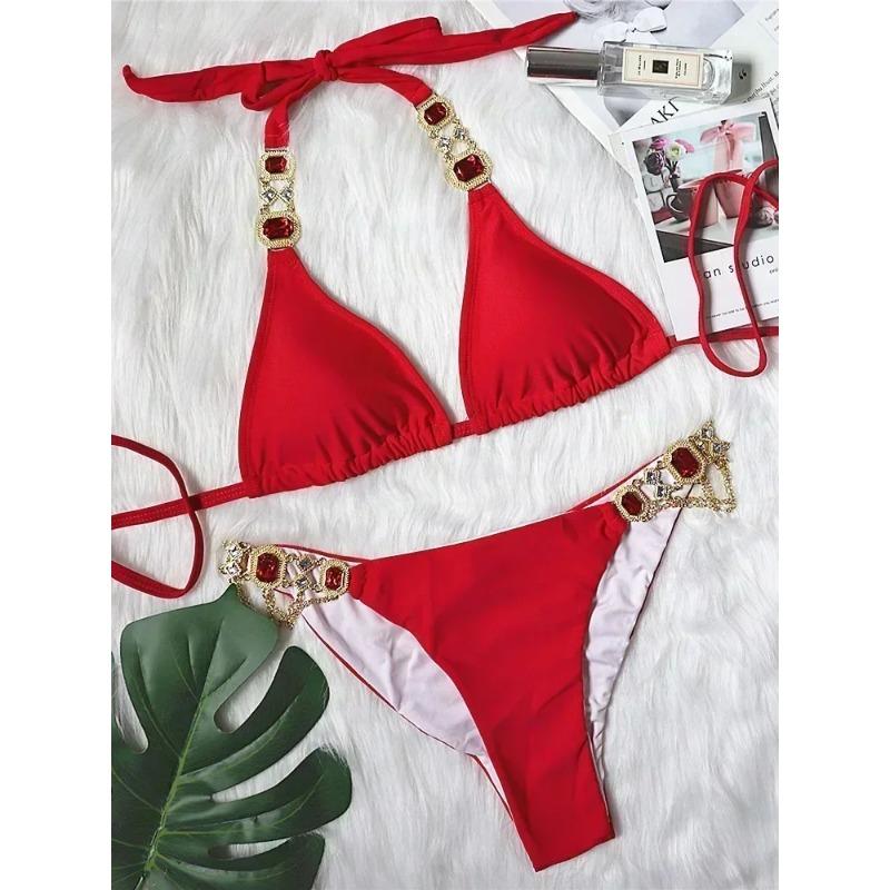 

2025 Блискуче стразове діамантове бікіні Жіночий купальник Жіночий купальний костюм Комплект бікіні з двох частин Халтер Металеві ланцюжки Купальний костюм L