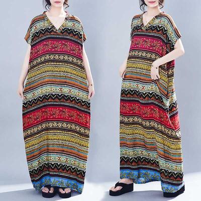 El Pedido Real Está en Stock y El Nuevo Vestido Bata Holgado de Algodón y Seda Estampado de Estilo Étnico Bohemio Para Verano.