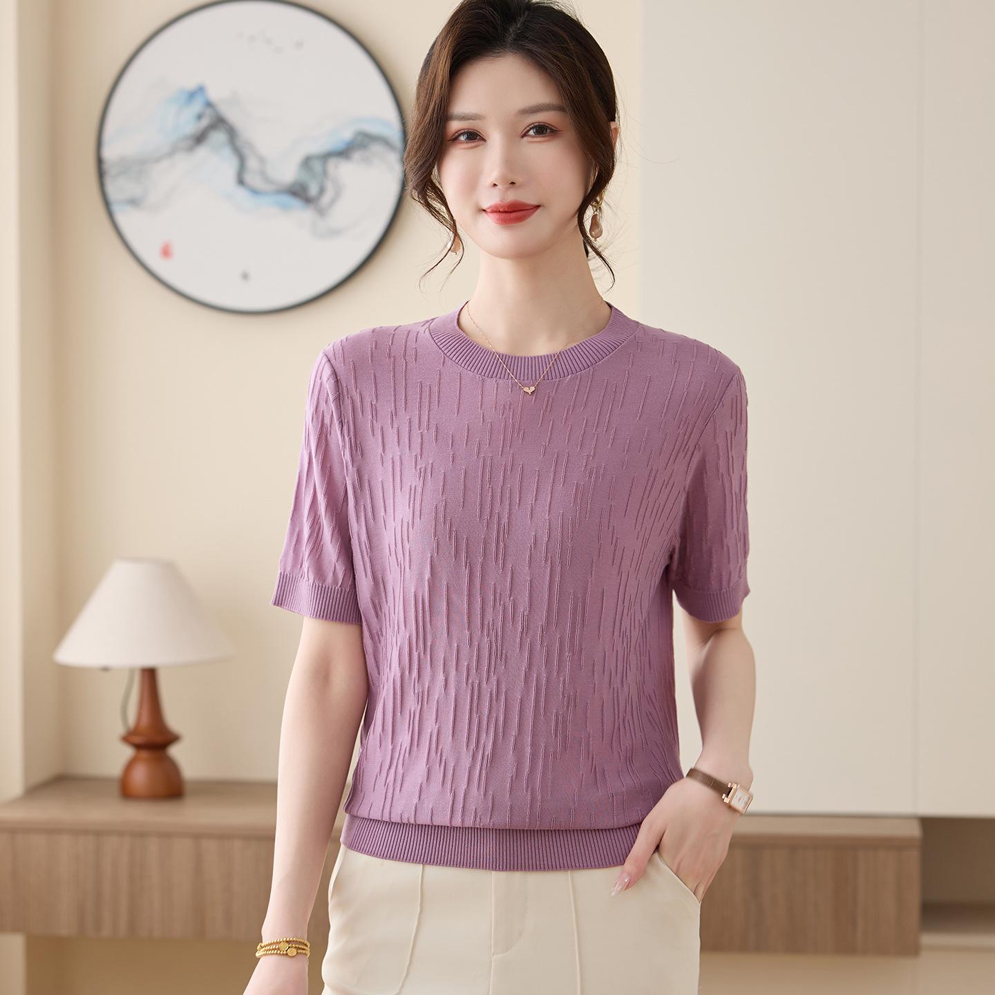 

Tencel 2026 Summer Short-Sleeve Ice Silk T-Shirt for Middle-Aged & Elderly Women - Stylish Mom s Top 5XL (150-165 lbs) фіолетовий