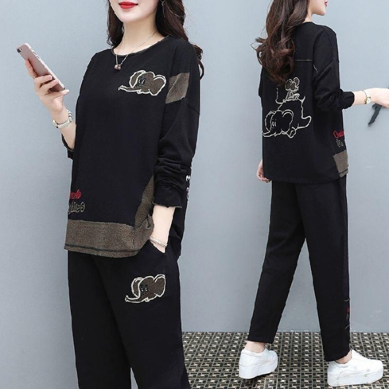 Jesienny zestaw modnej odzieży sportowej dla kobiet w dużych rozmiarach - wyszczuplający letni strój dla kobiet o pełniejszych kształtach, dwuczęściowy zestaw casualowy