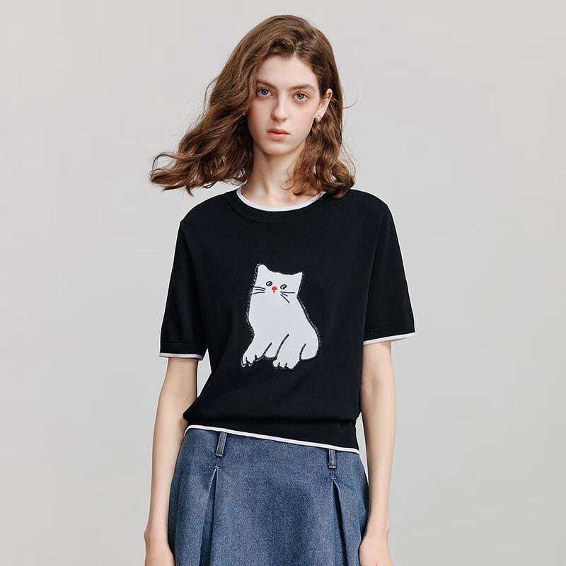 Chuyu Women's Color-Block Cat Jacquard Knit Top