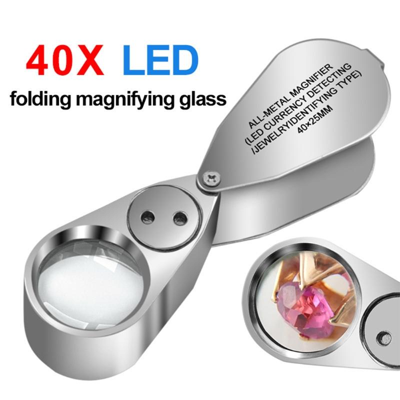 40X Full Metal Illuminated Jewelers Magnifier Best Pocket Folding Magnifying Glass Jewelers Lens Eye Loupe with LED