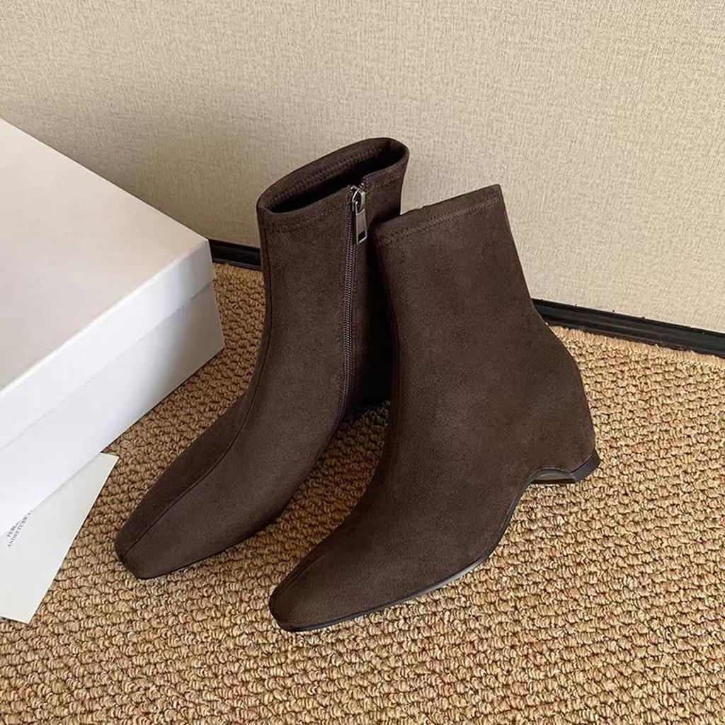 Women's Chunky Platform Ankle Boots 5cm Height Increasing French Retro Office Ladies Fashion Autumn Suede Short Boots Brown