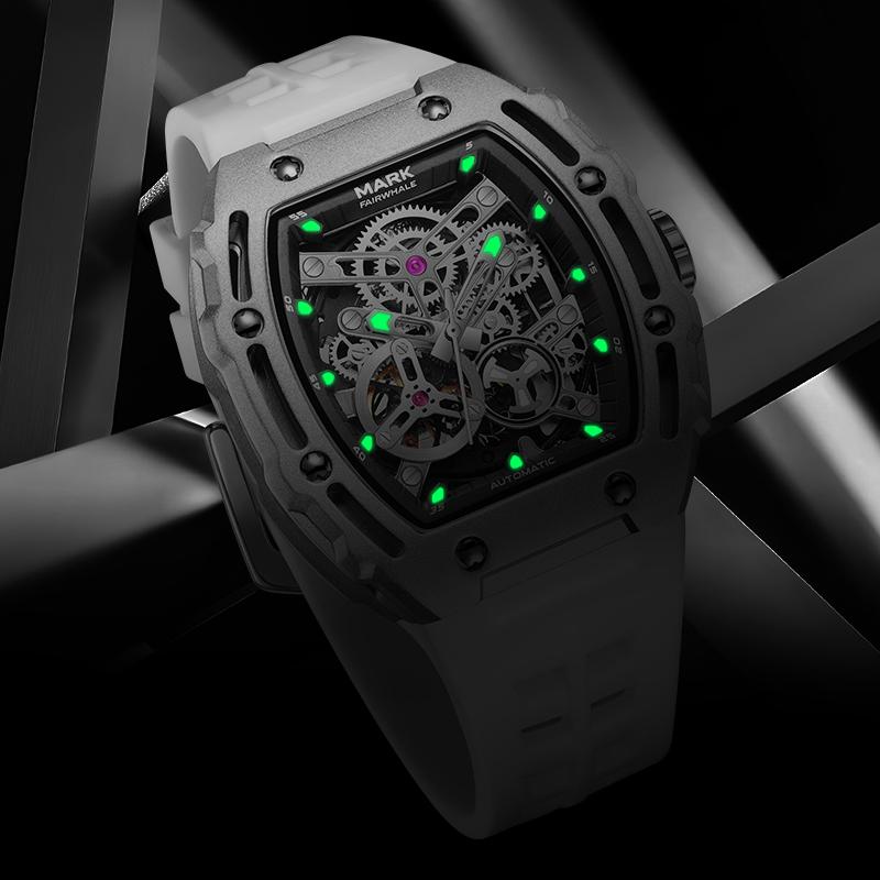 MARK FAIRWHALE Men Fashion Sport Tonneau Watch Stainless Steel Case Silicone Strap Mechanical Automatic Movement Watches Men