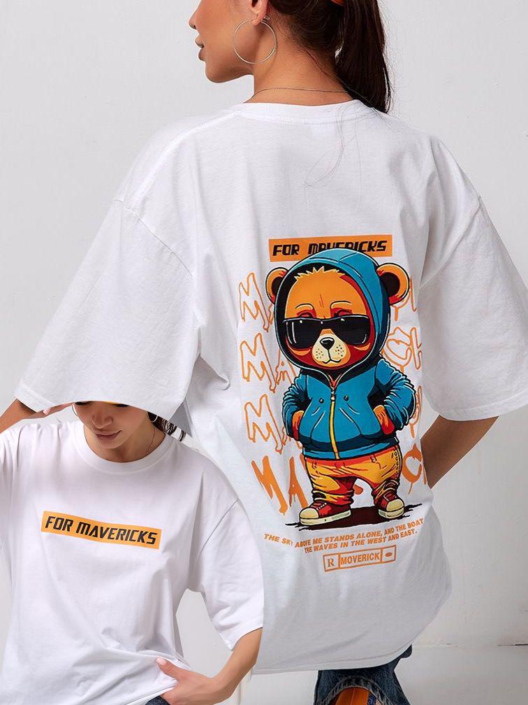 Street Hip Hop Bear Printed T-shirt Men Women Casual Loose Oversized Short Sleeve Unisex Short Sleeved Male Female Clothing