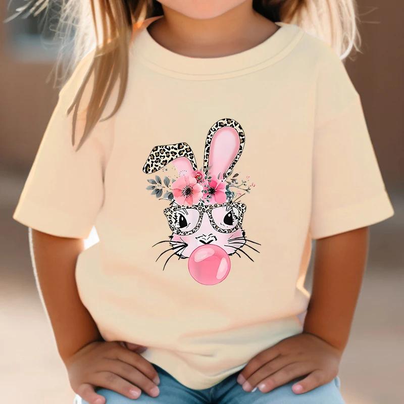 Bunny 3-14 Years Girls T-shirts Bad Cartoon Tees Bubble Sugar Rabbit Fashion Kids Tshirts Harajuku Leopard Print Bunny Tops Tees