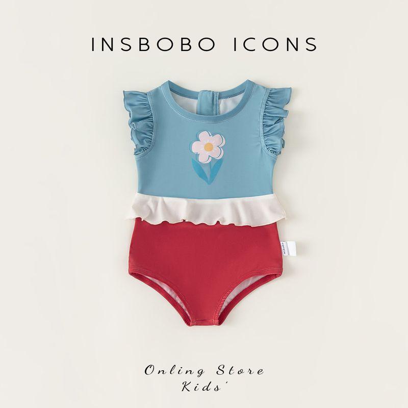 Insbobo Flying Sleeve Flower Western Style One-Piece Swimsuit Blue+Red 80