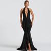 Damen Sexy Rückenfrei V-Ausschnitt Neckholder Netz-Einsätze Hohe Taille Langes Bodycon-Kleid