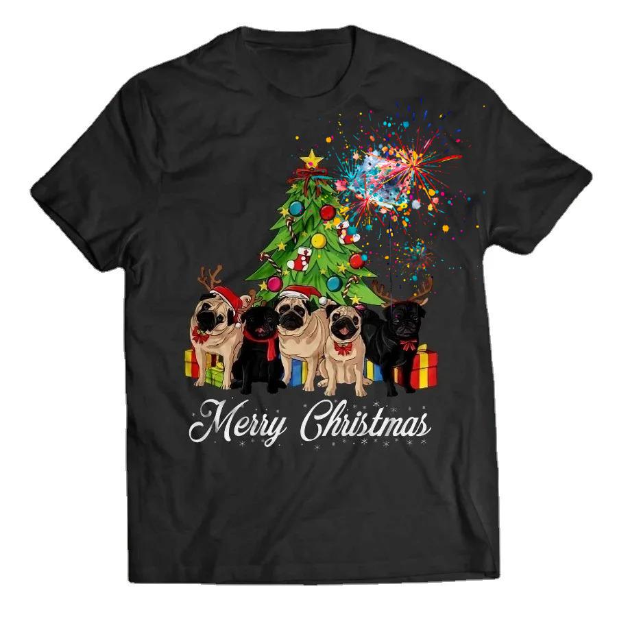 Funny Merry Christmas Reindeer Pug Dog Christmas Tree TShirt 100 Cotton ONeck Short Sleeve Casual Mens Tshirt Size S3XL