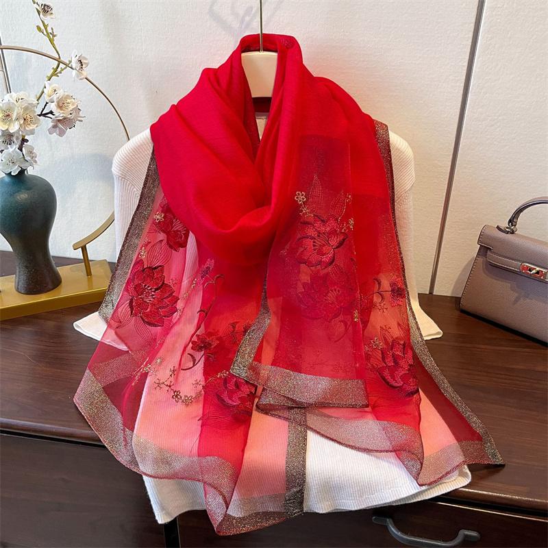 Elegant Long Embroidered Silk Feeling Scarf Women'S Fashion Spring New Style Shawl Wrap Outerwear Trendy Floral Pattern Stylish
