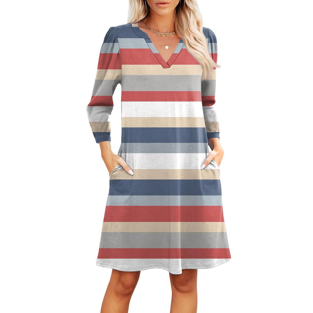 Women's Fashion V-neck Casual Beach Dress Three-quarter Sleeves Striped Print Dress