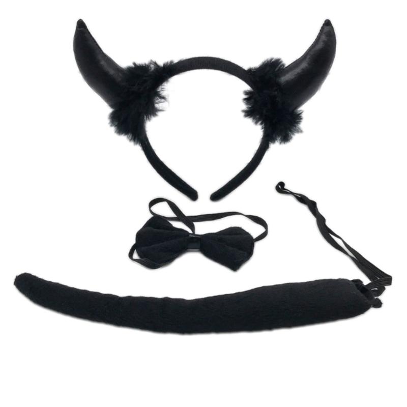 Devil Costume Kits Halloween Party Prop Devil Ears Headband Bow Tie Tail Set Cosplays Performances Prop for Women Kids