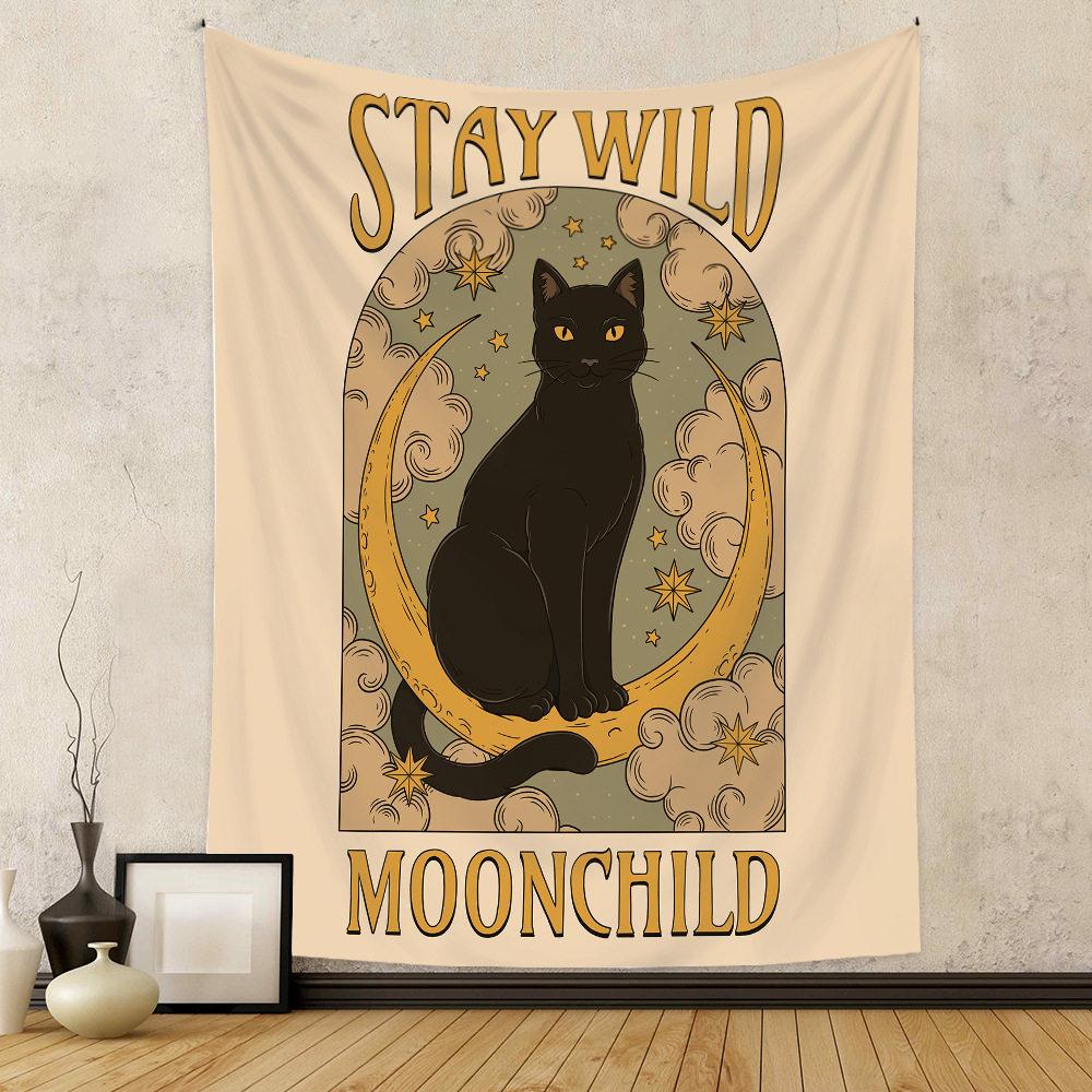 Vintage Tarot Cat Bohemian Wall Tapestry for Bedroom Decor Artwork Cat Tarot Vintage Boho Style Hanging Tapestry
