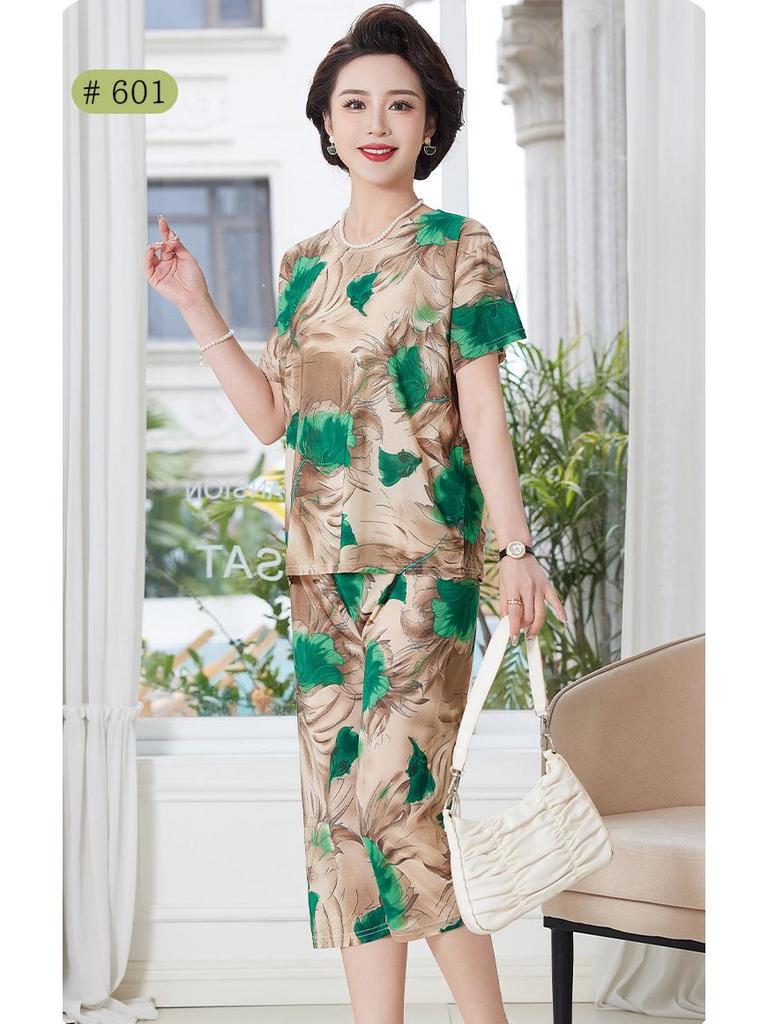 Women's Plus Size Ice Silk Pajama Set: Casual Short Sleeve Two-Piece for Middle-aged and Elderly Moms