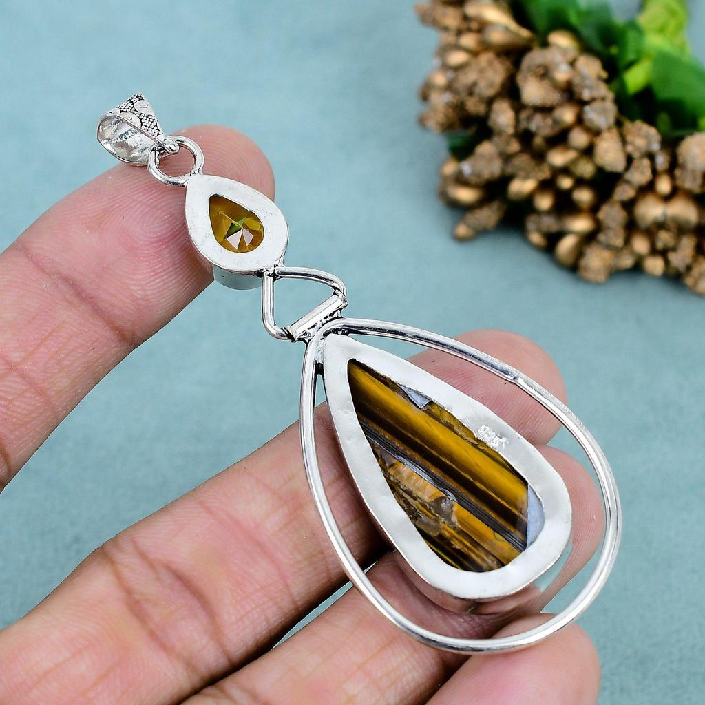 Tiger Eye & Citrine Gemstone 925 Sterling Silver Plated Teardrop Pendant Necklace for Women