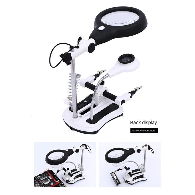 ABWR-Clip-On Auxiliary Magnifier With Three-In-One Welding Function, 4 Lenses& 18 LED Lights Soldering Iron Stand EU Plug