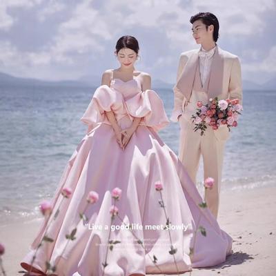 Robe de mariée rose vêtements satin longue traîne robe tutu robe de mariée bord de mer