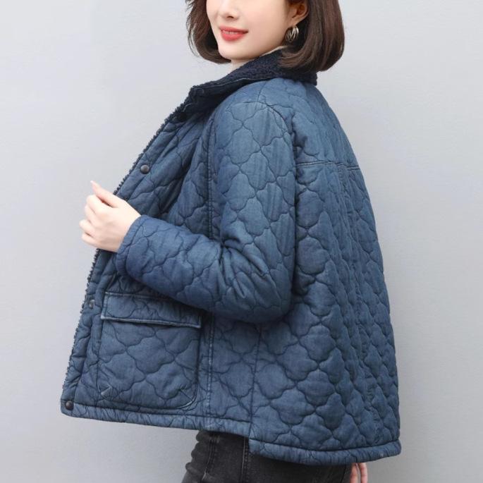 

Женское повседневное хлопковое пальто с отложным воротником - Осень/Зима 2024, Омолаживающая мода для мам среднего возраста, Хлопковая куртка свободного кроя. XXL (140-155 kg) синий