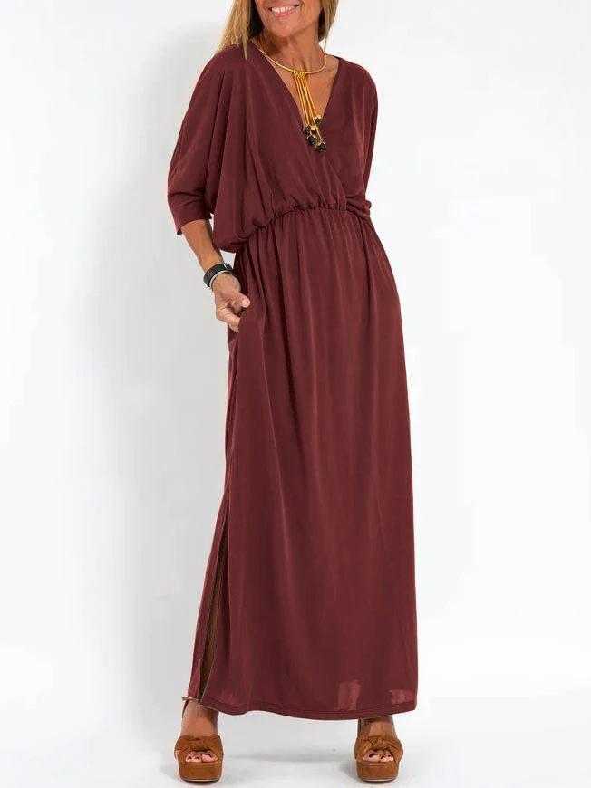 European And American Style Summer New Products, Fashionable Solid Color High-Waisted Split V-Neck Dress