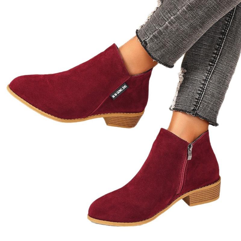 Autumn New Pointed Side Zipper Chelsea Boots Large Size Suede Thick Heel Medium Heel Martin Boots Women 43