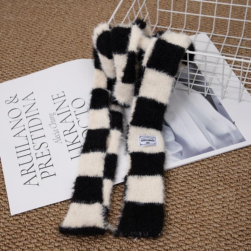 Black And White Striped Plush Scarf Women's Scarves Neck Warmer Girls Versatile Decoration Korean Thin And Narrow Long Tie Scarf