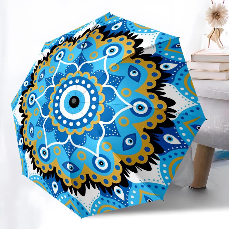 1PC Turkish Devil's Eye Folding Umbrella Auto-Open Design 8 Iron Ribs Plastic Handle Foldable Sunshade Perfect Christmas Gifts