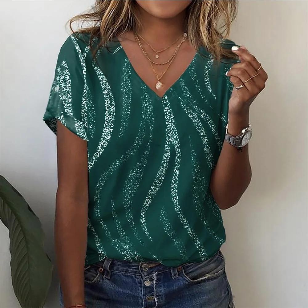 

Женская футболка с простым градиентным 3D-принтом, модная футболка с коротким рукавом и V-образным вырезом, свободная женская одежда 4XL