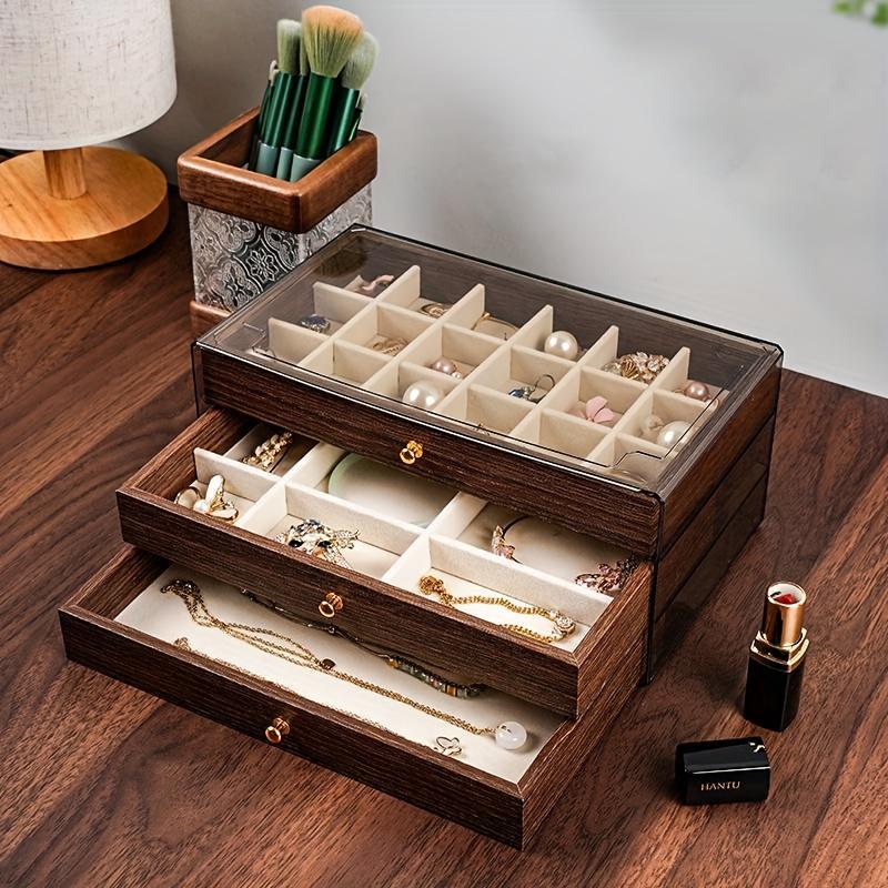 Large Capacity 3-Tier Jewelry Storage Box Drawer Organizer Walnut Wood Grain Multi-layer Stackable Necklace Earrings Jewelry Box